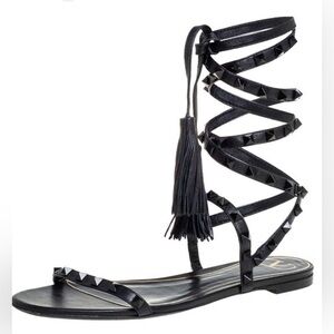 Valentino Garavani Rockstud Gladiator Sandals Black Leather Lace Up Tassel EU 39